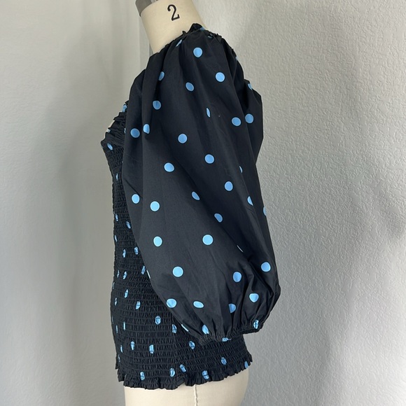 Ganni Shirred Smocked Ruffle Trimmed Polka Dot Cotton Poplin Top - Picture 5 of 9